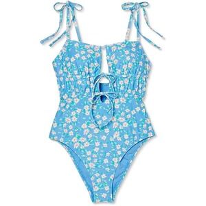 Xhileration Floral One Piece Swimsuit Tie‎ Straps Blue Swimwear Cute Summer  S